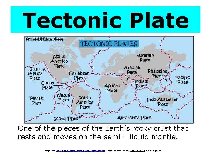 Tectonic Plate One of the pieces of the Earth’s rocky crust that rests and
