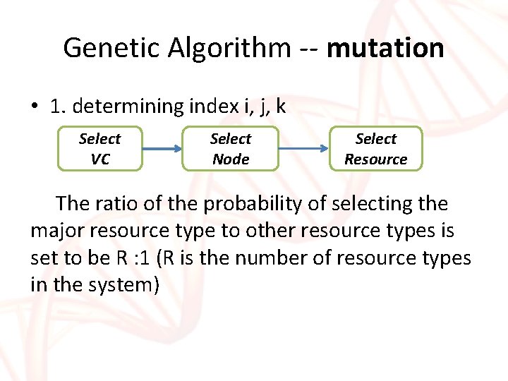 Genetic Algorithm -- mutation • 1. determining index i, j, k Select VC Select Genetic Algorithm -- mutation • 1. determining index i, j, k Select VC Select