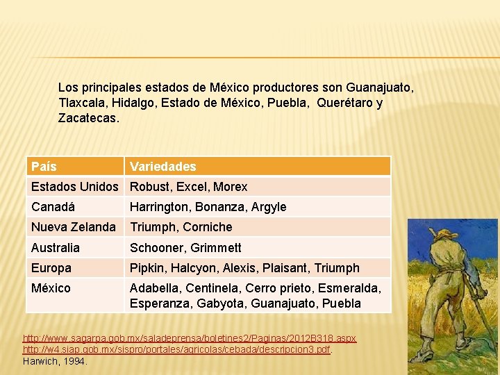 Los principales estados de México productores son Guanajuato, Tlaxcala, Hidalgo, Estado de México, Puebla,