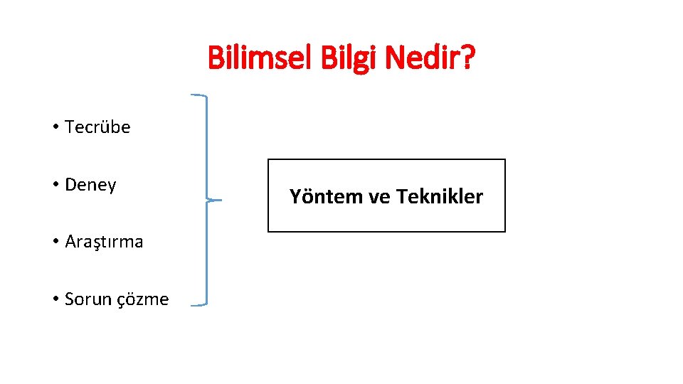 Bilimsel Bilgi Nedir? • Tecrübe • Deney • Araştırma • Sorun çözme Yöntem ve