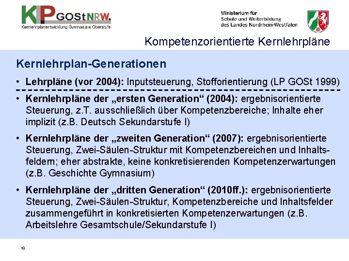 Kompetenzorientierte Kernlehrpläne Kernlehrplan-Generationen • Lehrpläne (vor 2004): Inputsteuerung, Stofforientierung (LP GOSt 1999) • Kernlehrpläne