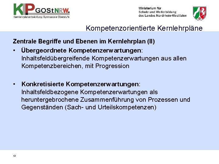 Kompetenzorientierte Kernlehrpläne Zentrale Begriffe und Ebenen im Kernlehrplan (II) • Übergeordnete Kompetenzerwartungen: Inhaltsfeldübergreifende Kompetenzerwartungen