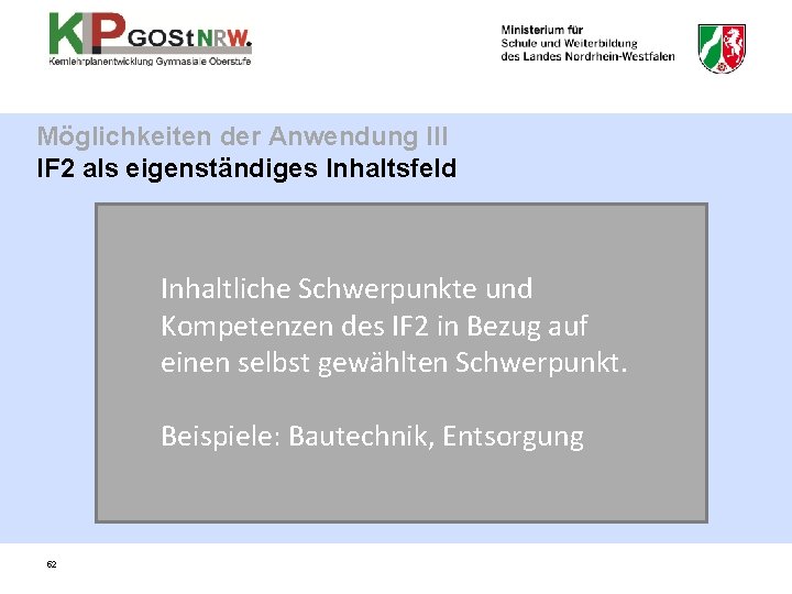 Möglichkeiten der Anwendung III IF 2 als eigenständiges Inhaltsfeld Kompetenz. Inhaltliche Schwerpunkte und Kompetenzen