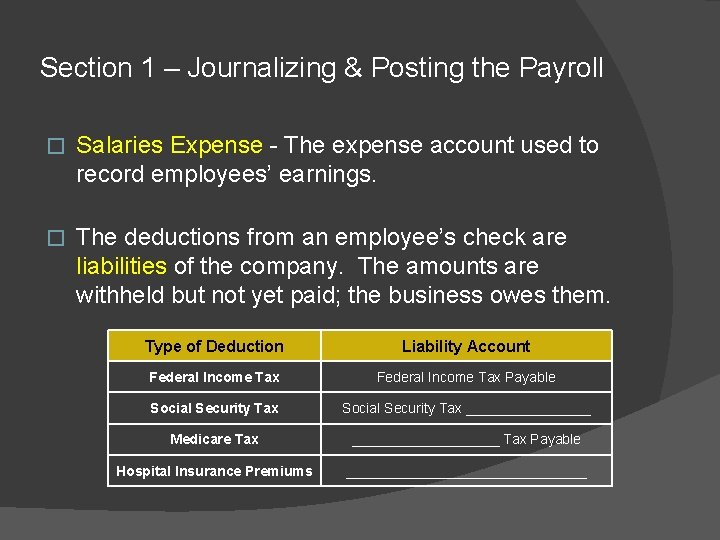 Section 1 – Journalizing & Posting the Payroll � Salaries Expense - The expense
