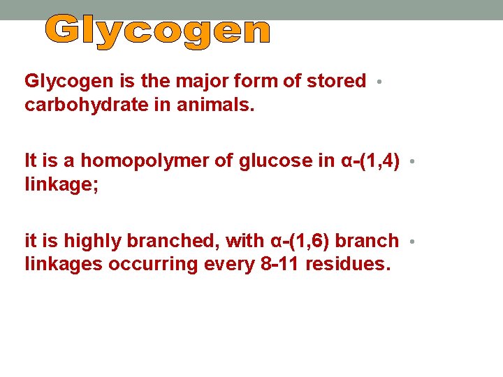 Glycogen is the major form of stored • carbohydrate in animals. It is a