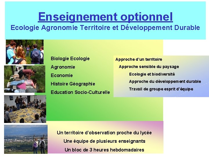 Enseignement optionnel Ecologie Agronomie Territoire et Développement Durable Biologie Ecologie Agronomie Economie Histoire Géographie