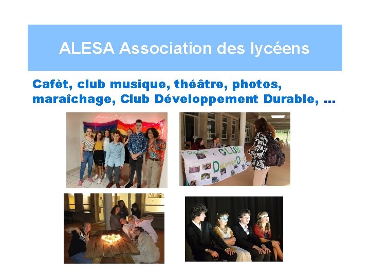 ALESA Association des lycéens Cafèt, club musique, théâtre, photos, maraîchage, Club Développement Durable, …
