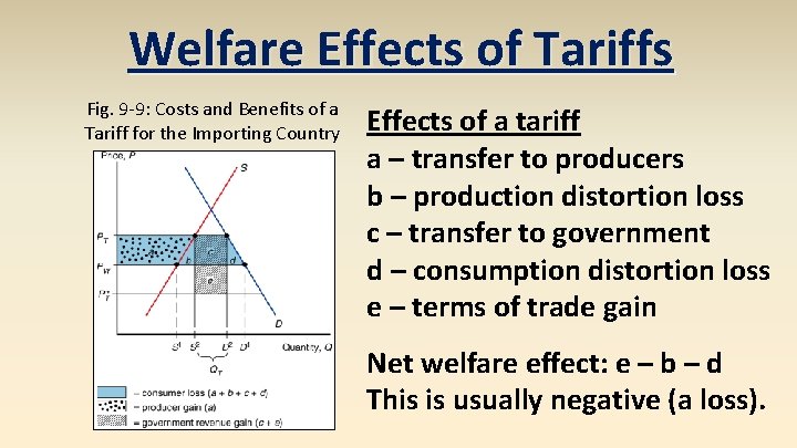 Welfare Effects of Tariffs Fig. 9 -9: Costs and Benefits of a Tariff for