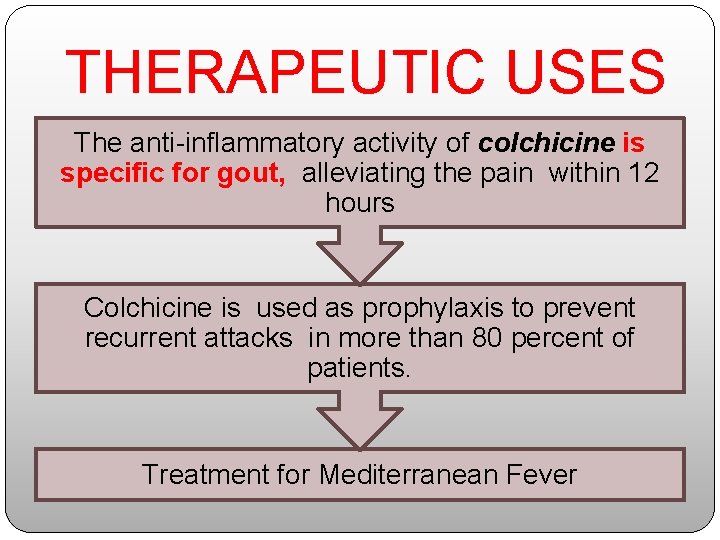 THERAPEUTIC USES The anti-inflammatory activity of colchicine is specific for gout, alleviating the pain