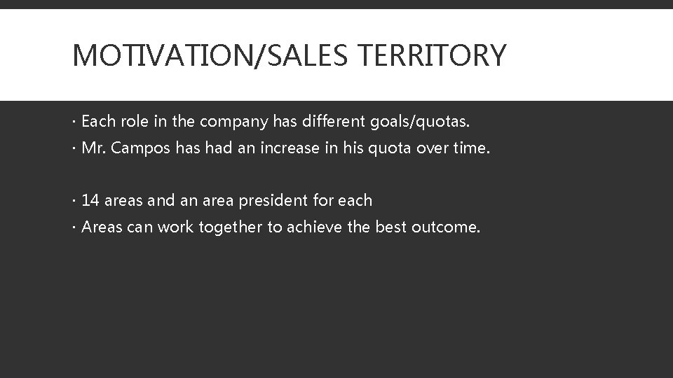 MOTIVATION/SALES TERRITORY Each role in the company has different goals/quotas. Mr. Campos had an