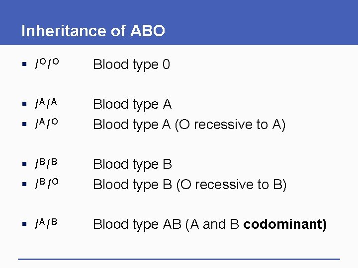 Inheritance of ABO § IOIO Blood type 0 § IAIA § IAIO Blood type