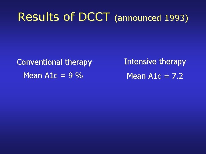 Results of DCCT (announced 1993) Conventional therapy Intensive therapy Mean A 1 c =