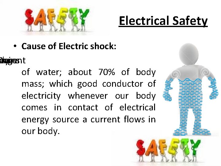 Electrical Safety • Cause of Electric shock: ntains Our mount dy arge of water;