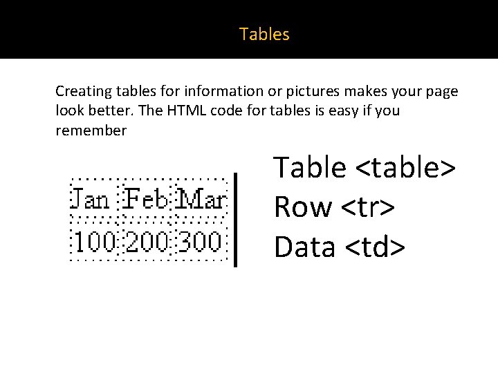Tables Creating tables for information or pictures makes your page look better. The HTML