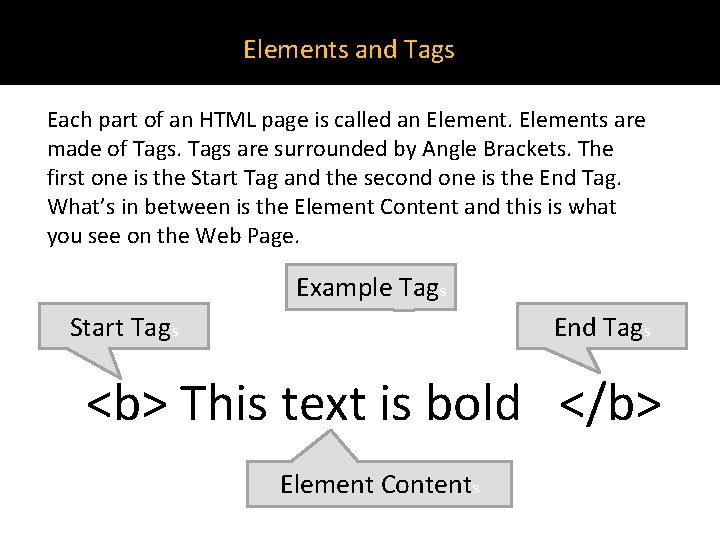 Elements and Tags Each part of an HTML page is called an Elements are