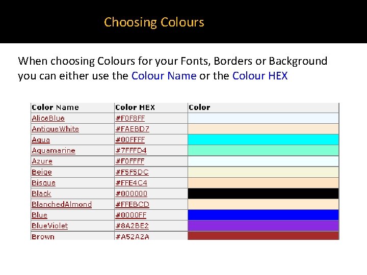 Choosing Colours When choosing Colours for your Fonts, Borders or Background you can either