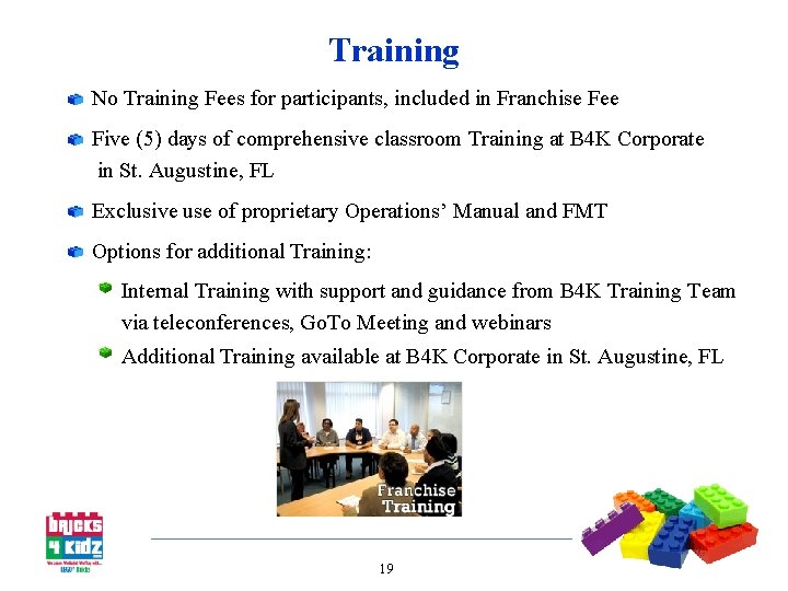Training No Training Fees for participants, included in Franchise Fee Five (5) days of
