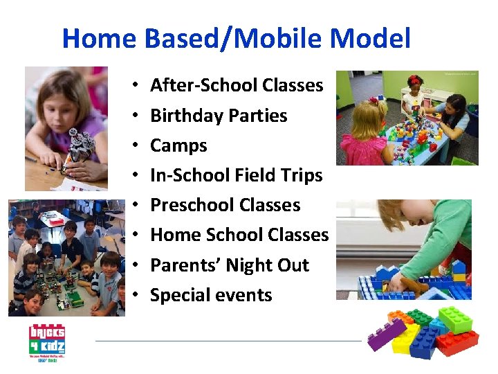 Home Based/Mobile Model • • After-School Classes Birthday Parties Camps In-School Field Trips Preschool