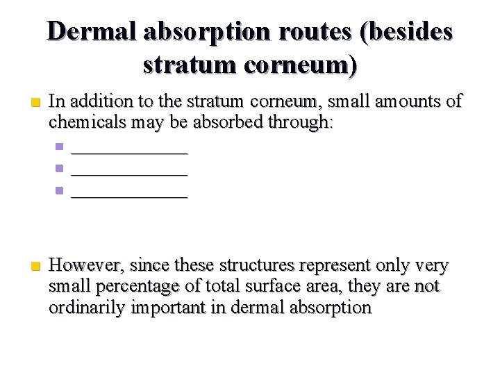 Dermal absorption routes (besides stratum corneum) n In addition to the stratum corneum, small