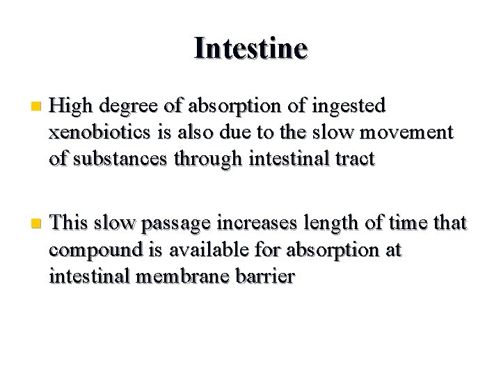 Intestine n High degree of absorption of ingested xenobiotics is also due to the