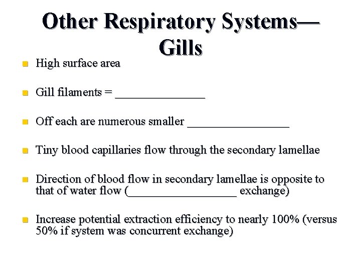 Other Respiratory Systems— Gills n High surface area n Gill filaments = ________ n