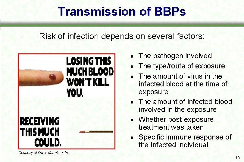 Transmission of BBPs Risk of infection depends on several factors: · The pathogen involved