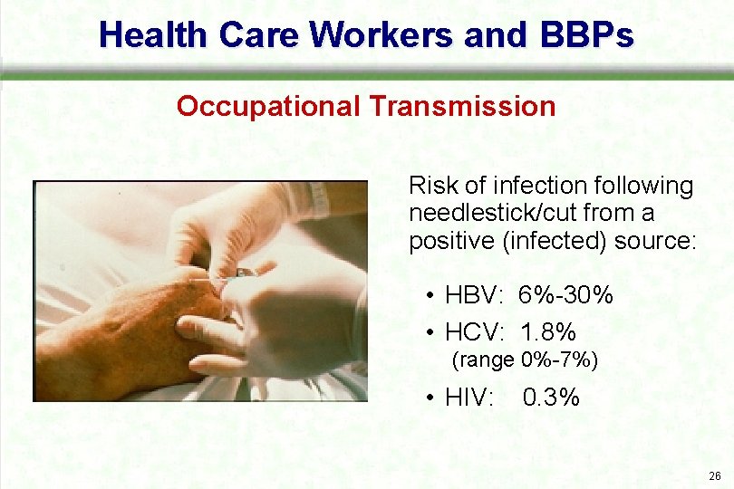 Health Care Workers and BBPs Occupational Transmission Risk of infection following needlestick/cut from a