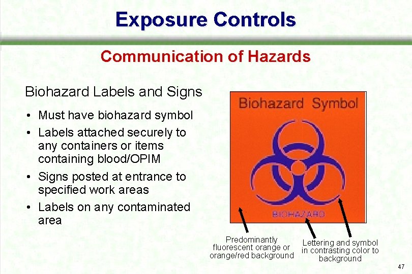 Exposure Controls Communication of Hazards Biohazard Labels and Signs • Must have biohazard symbol