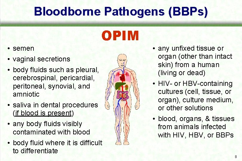 Bloodborne Pathogens (BBPs) OPIM • semen • vaginal secretions • body fluids such as