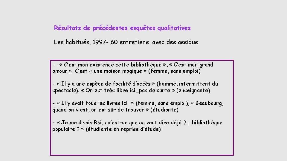 Résultats de précédentes enquêtes qualitatives Les habitués, 1997 - 60 entretiens avec des assidus