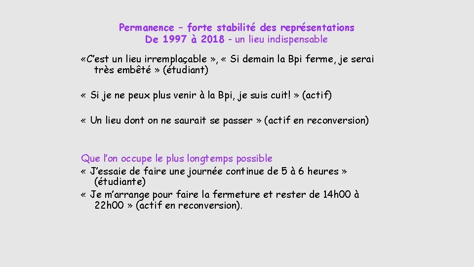 Permanence – forte stabilité des représentations De 1997 à 2018 - un lieu indispensable