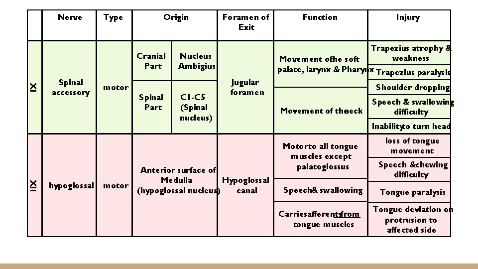 Nerve Type Origin Cranial Part XI Spinal accessory XII hypoglossal motor Spinal Part Foramen