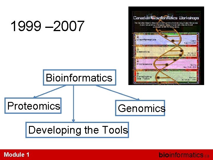 1999 – 2007 Bioinformatics Proteomics Genomics Developing the Tools Module 1 bioinformatics. ca 