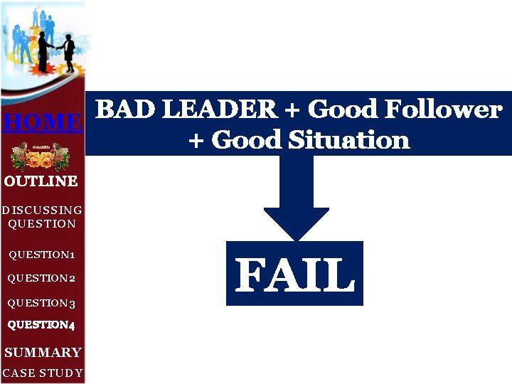 BAD LEADER + Good Follower HOME + Good Situation OUTLINE DISCUSSING QUESTION 1 QUESTION