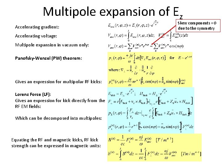 Multipole expansion of Ez Accelerating gradient: Accelerating voltage: Multipole expansion in vacuum only: Panofsky-Wenzel