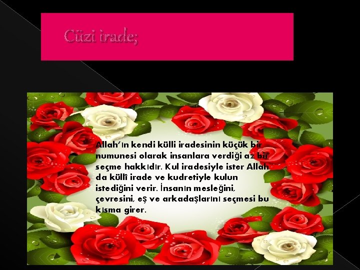Cüzi irade; Allah’ın kendi külli iradesinin küçük bir numunesi olarak insanlara verdiği az bir
