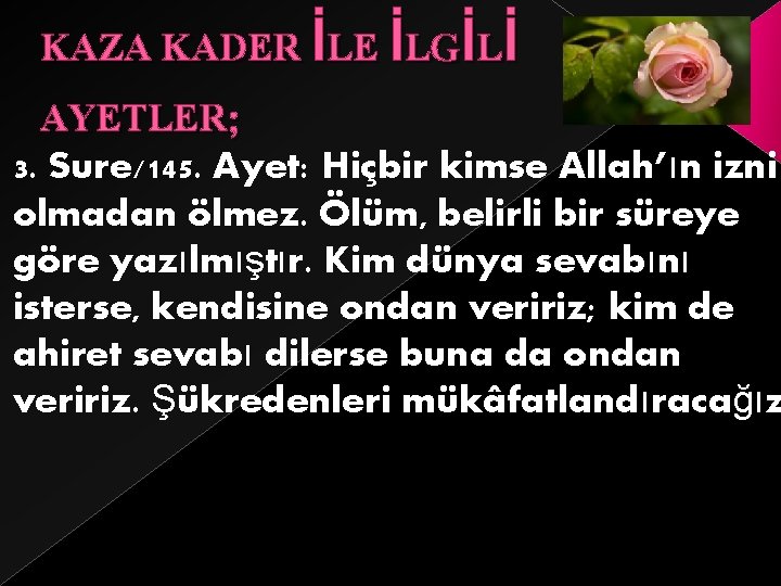 KAZA KADER İLE İLGİLİ AYETLER; 3. Sure/145. Ayet: Hiçbir kimse Allah’ın izni olmadan ölmez.