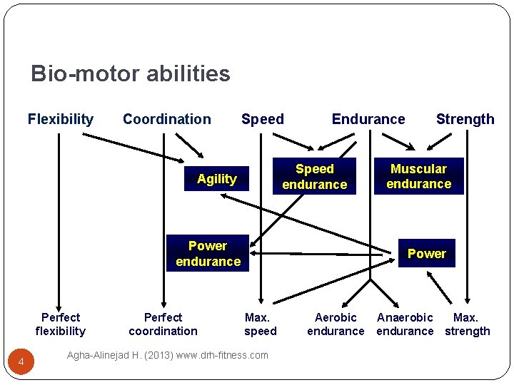 Bio-motor abilities Flexibility Coordination Speed Endurance Speed endurance Agility Power endurance Perfect flexibility 4
