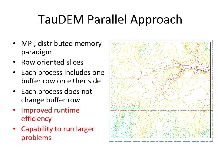 Tau. DEM Parallel Approach • MPI, distributed memory paradigm • Row oriented slices •