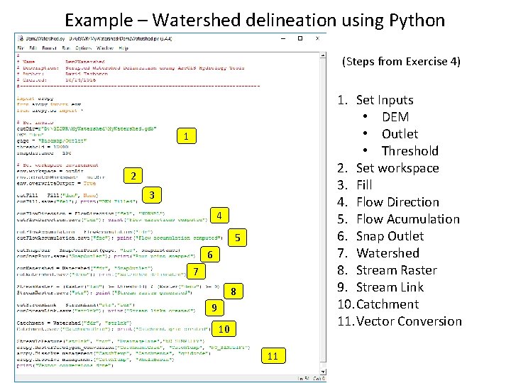 Example – Watershed delineation using Python (Steps from Exercise 4) 1. Set Inputs •