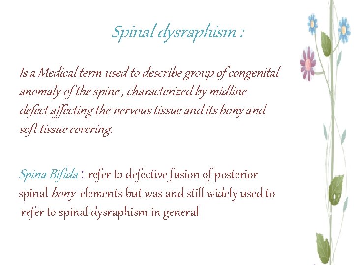 Spinal dysraphism : Is a Medical term used to describe group of congenital anomaly