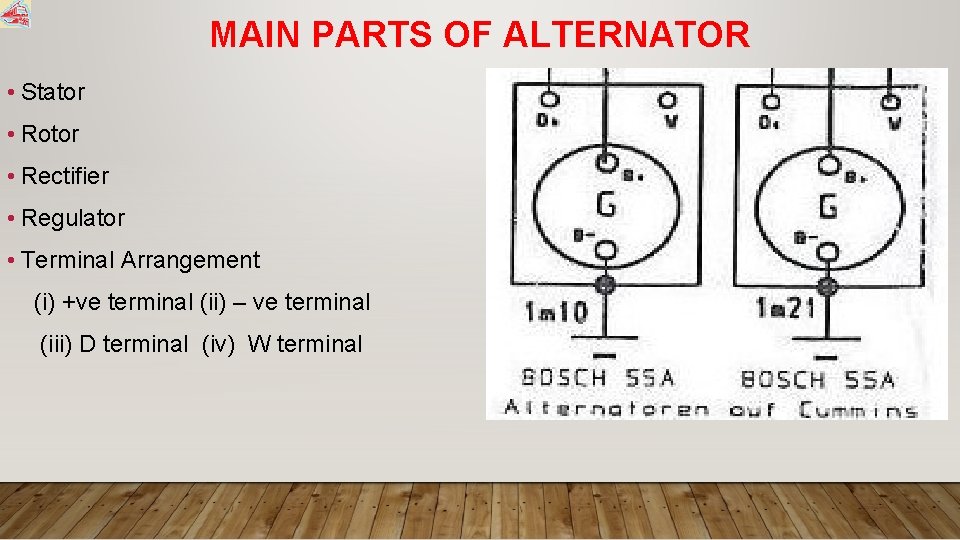 MAIN PARTS OF ALTERNATOR • Stator • Rotor • Rectifier • Regulator • Terminal