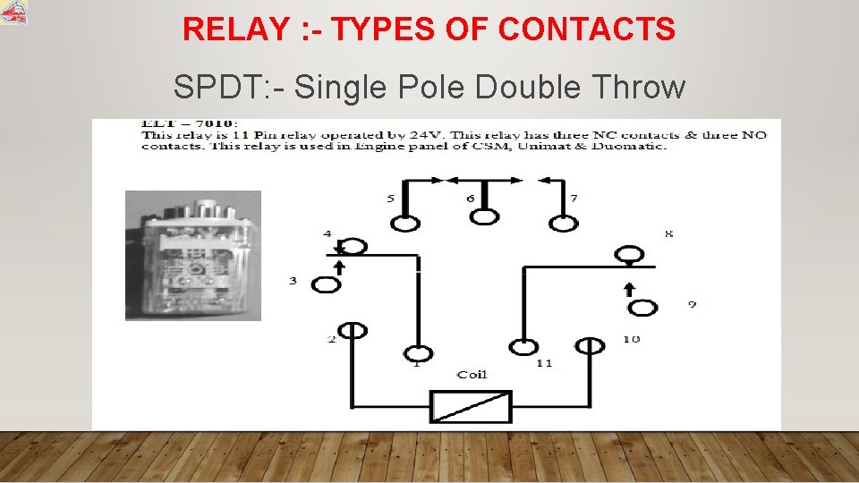 RELAY : - TYPES OF CONTACTS SPDT: - Single Pole Double Throw 