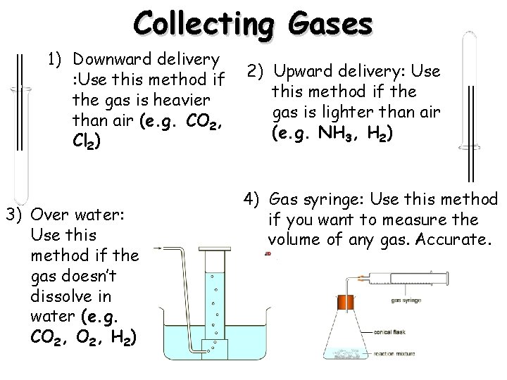 Collecting Gases 1) Downward delivery : Use this method if the gas is heavier