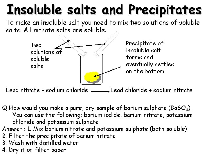 Insoluble salts and Precipitates To make an insoluble salt you need to mix two