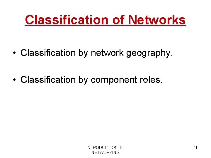 Classification of Networks • Classification by network geography. • Classification by component roles. INTRODUCTION Classification of Networks • Classification by network geography. • Classification by component roles. INTRODUCTION