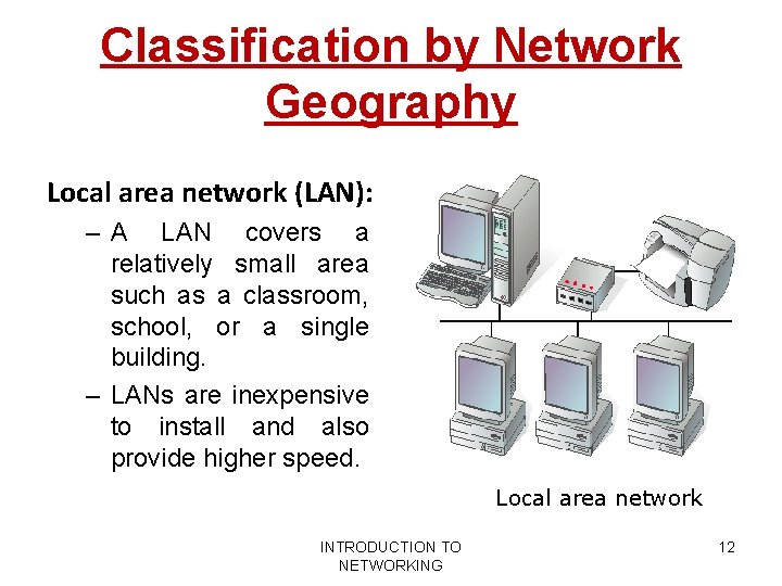 Classification by Network Geography Local area network (LAN): – A LAN covers a relatively Classification by Network Geography Local area network (LAN): – A LAN covers a relatively