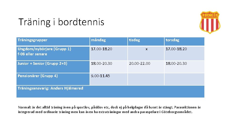 Träning i bordtennis Träningsgrupper måndag Ungdom/nybörjare (Grupp 1) f-08 eller senare 17. 00 -18.