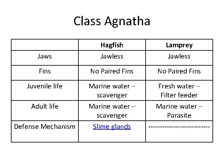 Class Agnatha Jaws Hagfish Jawless Lamprey Jawless Fins No Paired Fins Juvenile life Marine