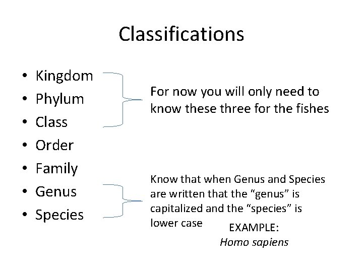 Classifications • • Kingdom Phylum Class Order Family Genus Species For now you will